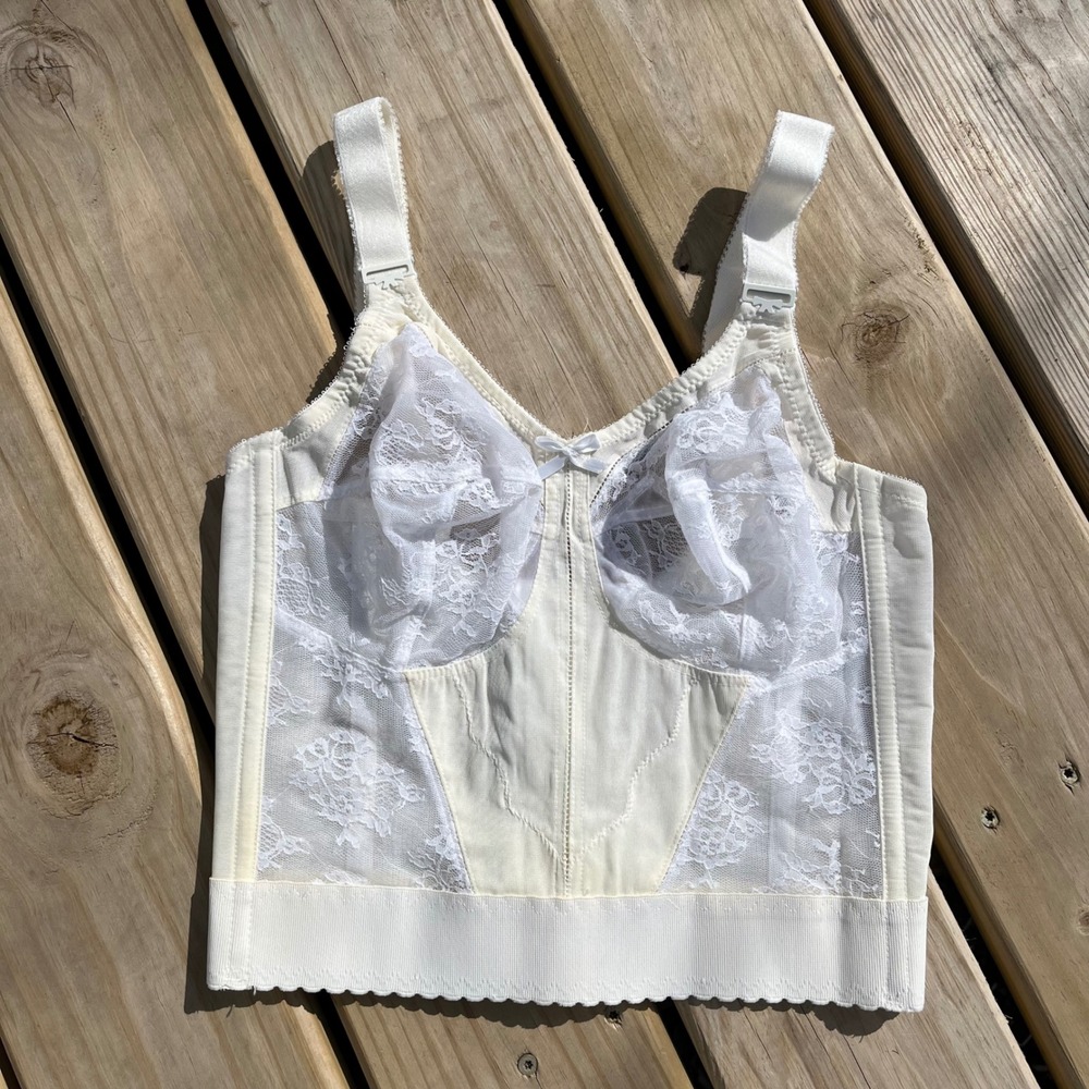 VTG‎ Bali Longline Bra Bustier Corset White Ivory Lace 36D Bridal Retro Pinup